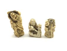 Three 19th century Japanese ivory netsukes depicting three figures in various poses (3)