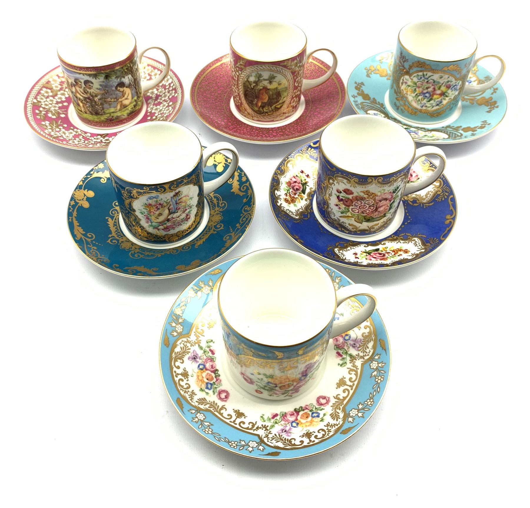 Set of six 'Coalport Celebration Collection' coffee cups & saucers each decorated with individual pa