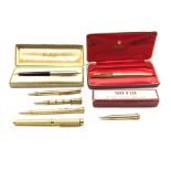 Three Eversharp pencils in rolled gold cases, Yard o Led pencil, boxed, two Parker fountain pens and