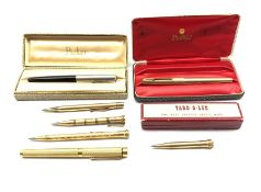 Three Eversharp pencils in rolled gold cases, Yard o Led pencil, boxed, two Parker fountain pens and