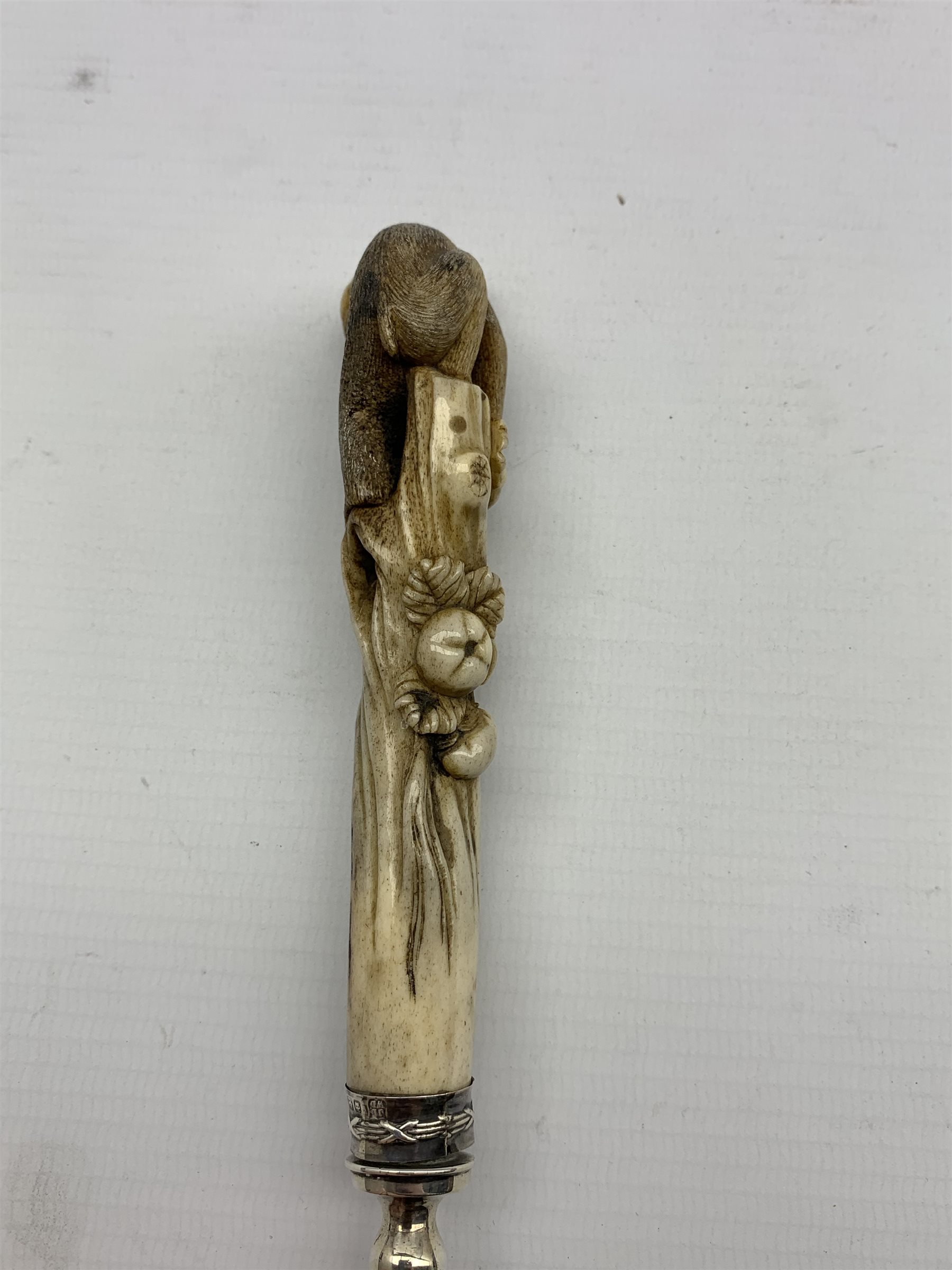 Edwardian silver and bone letter opener, the handle finely carved as a Monkey gathering fruit by Jam - Image 5 of 6
