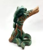 Large glazed and terracotta figure of a frog on a reed H57cm