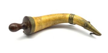 19th century horn powder flask with metal mounts inscribed 'Honble. East India Compy Pattern Powder