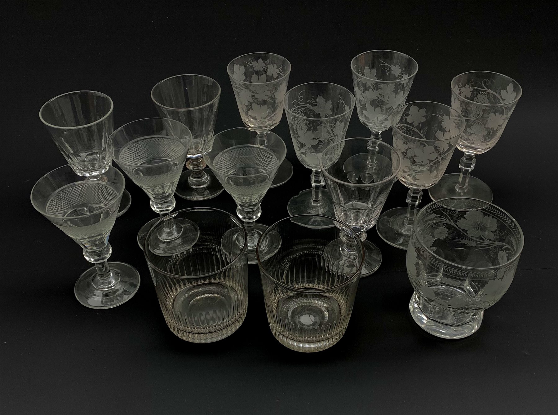 Collection of 19th century drinking glasses including a set of three hobnail banded wine glasses, pa