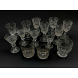Collection of 19th century drinking glasses including a set of three hobnail banded wine glasses, pa
