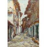 Andreina Crepet Guazzo (Italian 1909-1983): Lady Walking down a Narrow Street, oil on canvas indisti