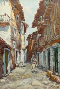 Andreina Crepet Guazzo (Italian 1909-1983): Lady Walking down a Narrow Street, oil on canvas indisti