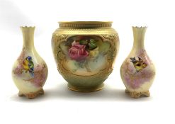 Edwardian Royal Worcester vase having four painted reserve panels decorated with roses interspersed