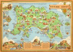 Estra Clark (British 1904-1993): 'Historic Jersey', colour map pub. Ben Johnson & Co, York 1957, sig