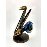 Yves Lohe (French b1947) Glass and bronze sculpture 'Grande Saxophonie' on a circular plinth, signed