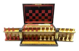 Victorian coromandel Games Compendium containing folding Chess & Backgammon board, red stained & nat