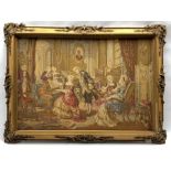 Pair of tapestries, machine woven depicting 18th century scenes, mounted in decorated gilt frames, 1