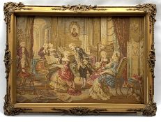 Pair of tapestries, machine woven depicting 18th century scenes, mounted in decorated gilt frames, 1