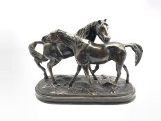 After Pierre-Jules Mene, bronze study of two horses, L33cm