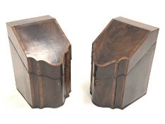 Pair of Georgian mahogany knife boxes of serpentine fronted form, having rosewood banding and cheque