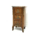 Louis XVI style miniature inlaid Kingwood chest of drawers with Ormolu style gilt metal mounts and m