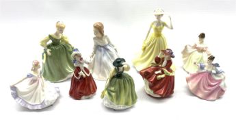 Six small Royal Doulton figures: Buttercup, Christmas Morn, Sara, Rebecca, Top o' the Hill and Ninet