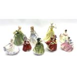 Six small Royal Doulton figures: Buttercup, Christmas Morn, Sara, Rebecca, Top o' the Hill and Ninet