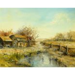 Fegan (20th century): Farmyard Pond, oil on board signed; R L Young (20th century): Cattle Grazing,