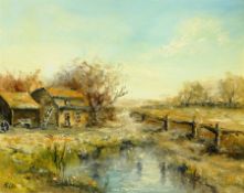 Fegan (20th century): Farmyard Pond, oil on board signed; R L Young (20th century): Cattle Grazing,