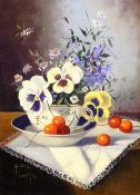 Paul Morgan (British 1940-): Flowers in a Teacup, oil on board signed 17cm x 12cm