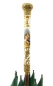 Ladies parasol with Continental porcelain handle painted with a portrait panel within a gilded surro