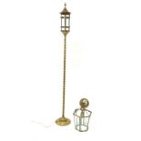 Early 20th century strapwork design brass lantern on barley twist brass column, H152cm together with