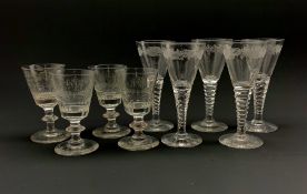 Set of three19th century wine glasses, the bucket shaped bowls engraved with the initials M.W within