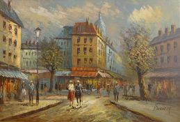 Burnett (French Contemporary): Parisian Street Scene, oil on board signed 60cm x 90cm