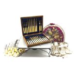 Plated food tray with spirit heater stand, cased set of twelve dessert knives and eleven forks, asso