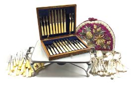 Plated food tray with spirit heater stand, cased set of twelve dessert knives and eleven forks, asso