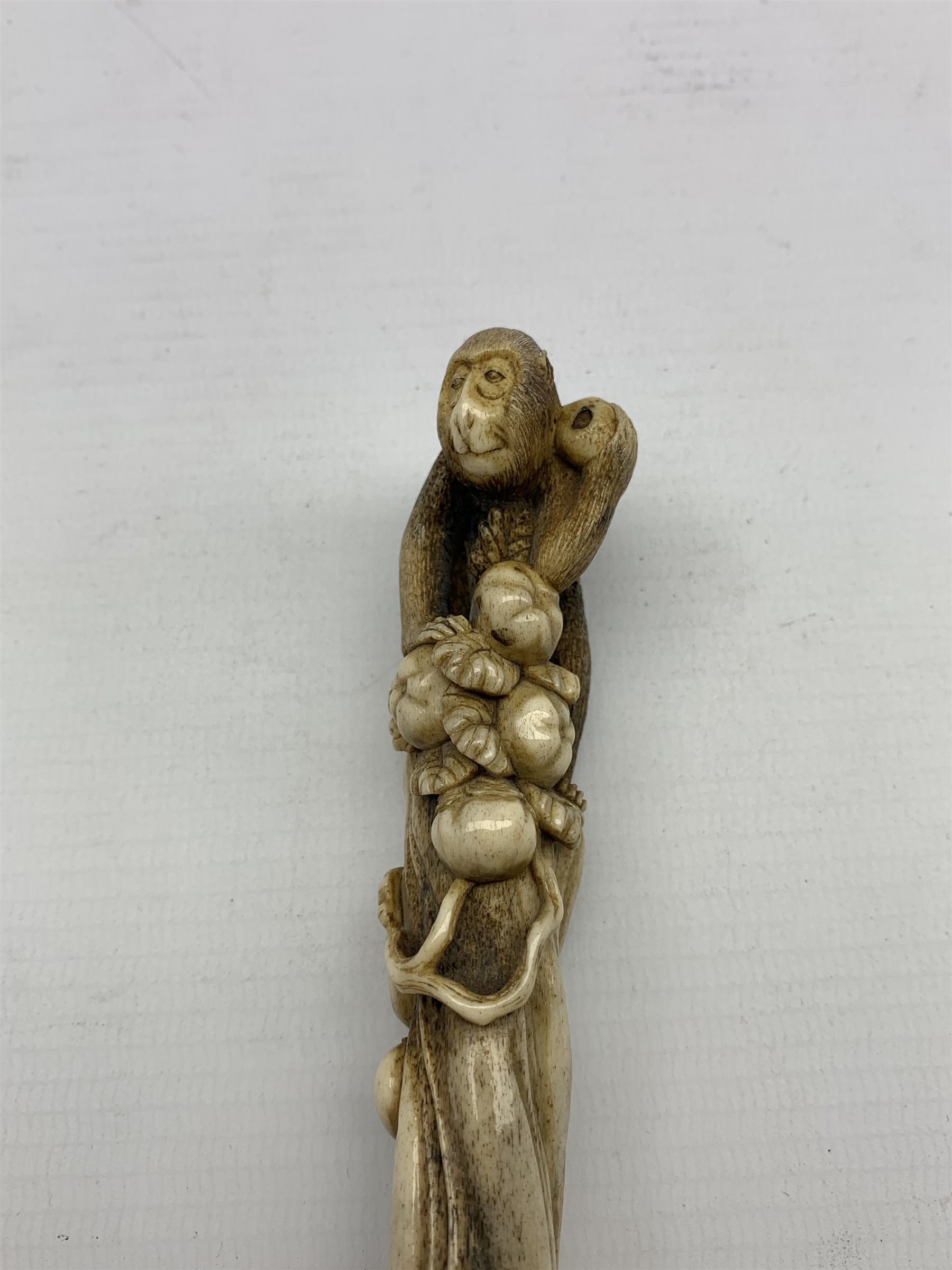 Edwardian silver and bone letter opener, the handle finely carved as a Monkey gathering fruit by Jam - Image 3 of 6