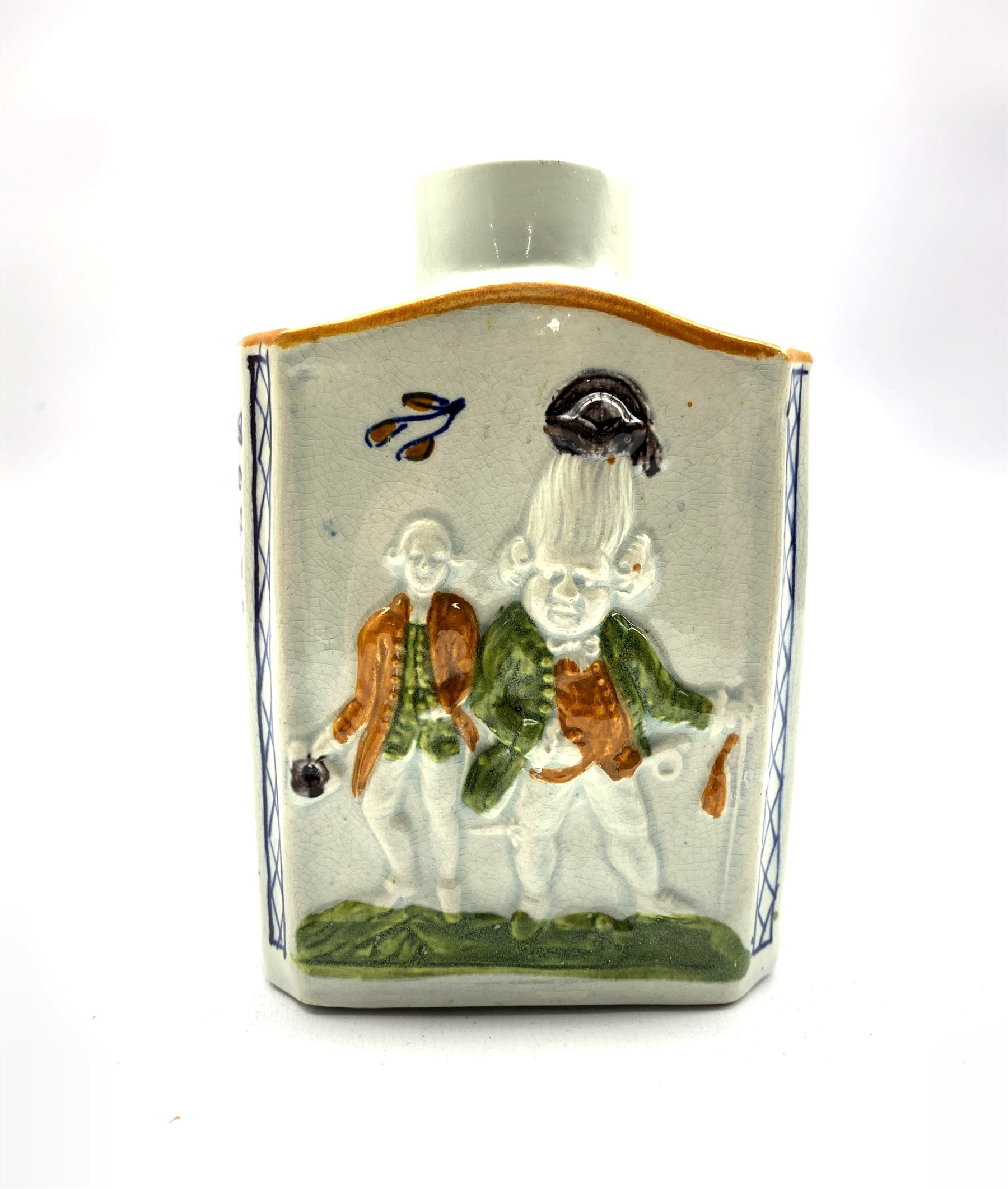 Pratt Ware style tea caddy decorated in relief with Macaroni figures, initialled B to the base, H13c - Image 2 of 4