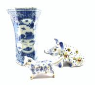 19th century Delft vase painted with deer in a landscape, H19cm, Delft posy vase modelled as a seate