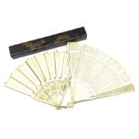 19th century ivory silk and bone fan with pierced and decorated gorge and guards H24cm together with
