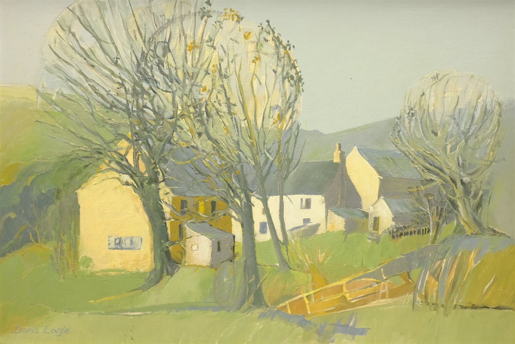 Doris Eagle (British 20th century): 'Cottages, Anglezarke', oil on board signed, titled verso with a