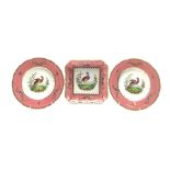 Spode Copelands China part dessert service hand-painted with exotic birds within pink and gilt borde