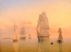 William Frederick Settle (British 1821-1897): Shipping Becalmed, oil on panel, signed and dated 1884