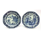 Two Chinese Export blue and white dishes of octagonal form, painted with balcony and landscape scene