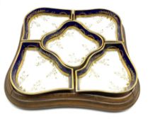 19th century Fischer & Mieg porcelain hors d'oeuvres dish on fitted walnut tray, 37cm x 37cm