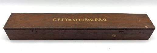 Oak arrow box, with divided interior, inscribed to 'C.F.J. Younger Esq. D.S.O.', L75cm