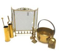 Brass and wire mesh folding spark guard, brass preserve pan D35cm, two brass shell cases, fire imple