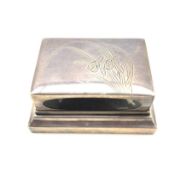 Early 20th century Japanese silver match box sleeve and stand, the top engraved with Iris flowers, L