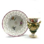 Meissen porcelain bowl with pierced pink border and floral painted centre, D31cm together with 19th