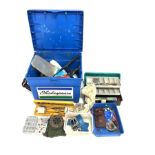 Shakespeare fishing tackle box and contents of Mitchell and other reels, flies, floats etc