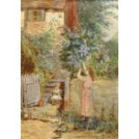 Alfred E. Wragge (British c.1856-1937): Tending to the Garden, watercolour signed with initials 18cm