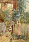 Alfred E. Wragge (British c.1856-1937): Tending to the Garden, watercolour signed with initials 18cm