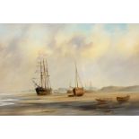 David C Bell (British 1950-): 'A Yorkshire Coastal Scene' - Vessels at Low Tide, oil on canvas signe