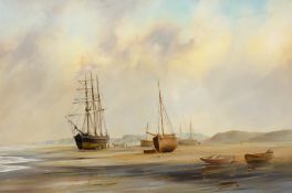 David C Bell (British 1950-): 'A Yorkshire Coastal Scene' - Vessels at Low Tide, oil on canvas signe