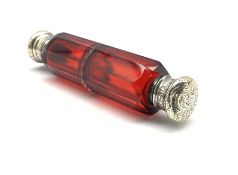 Victorian silver-mounted ruby glass double-scent bottle, L12cm